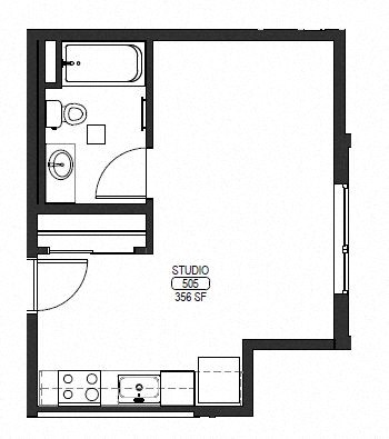 Floor plan for studio, 1 bath, 356 sqft